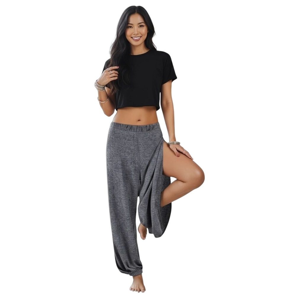 Harem Pants -Women's Yoga Pants High-Slit  with Elastic Waist and Ankles Gray
